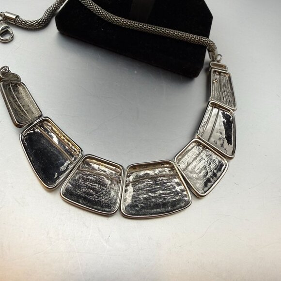 Blue & Silver Geometric Statement Necklace Chunky Modern Panels - Picture 9 of 9